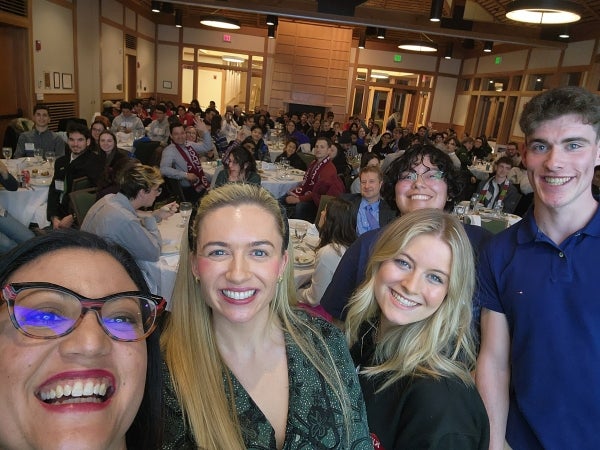 Photo L-R: Team coaches Eva Vázquez Ortiz (Thunderbird), and Catherine Faherty (DCU), with students Grace Mollaghan (DCU), Alex (Thunderbird), and Thomas Lynch (DCU) at the events opening reception brunch.