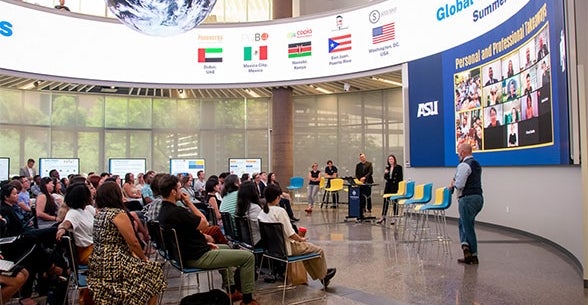 Outside of the classroom, Thunderbird's Global Challenge Lab consulting capstone allows students to lead by doing, embarking on interactive projects with businesses and nonprofit organizations around the world. Every semester, the project groups report out on their findings to the Thunderbird community as a culmination of their efforts. Photo courtesy the Thunderbird School of Global Management